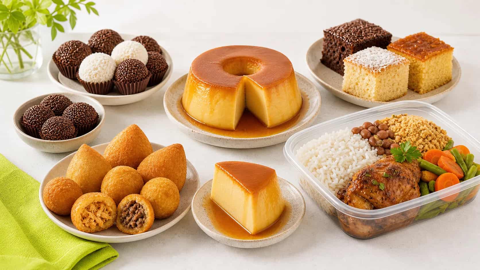 Produtos de pequenos vendedores: pudim, doces, salgados e marmita