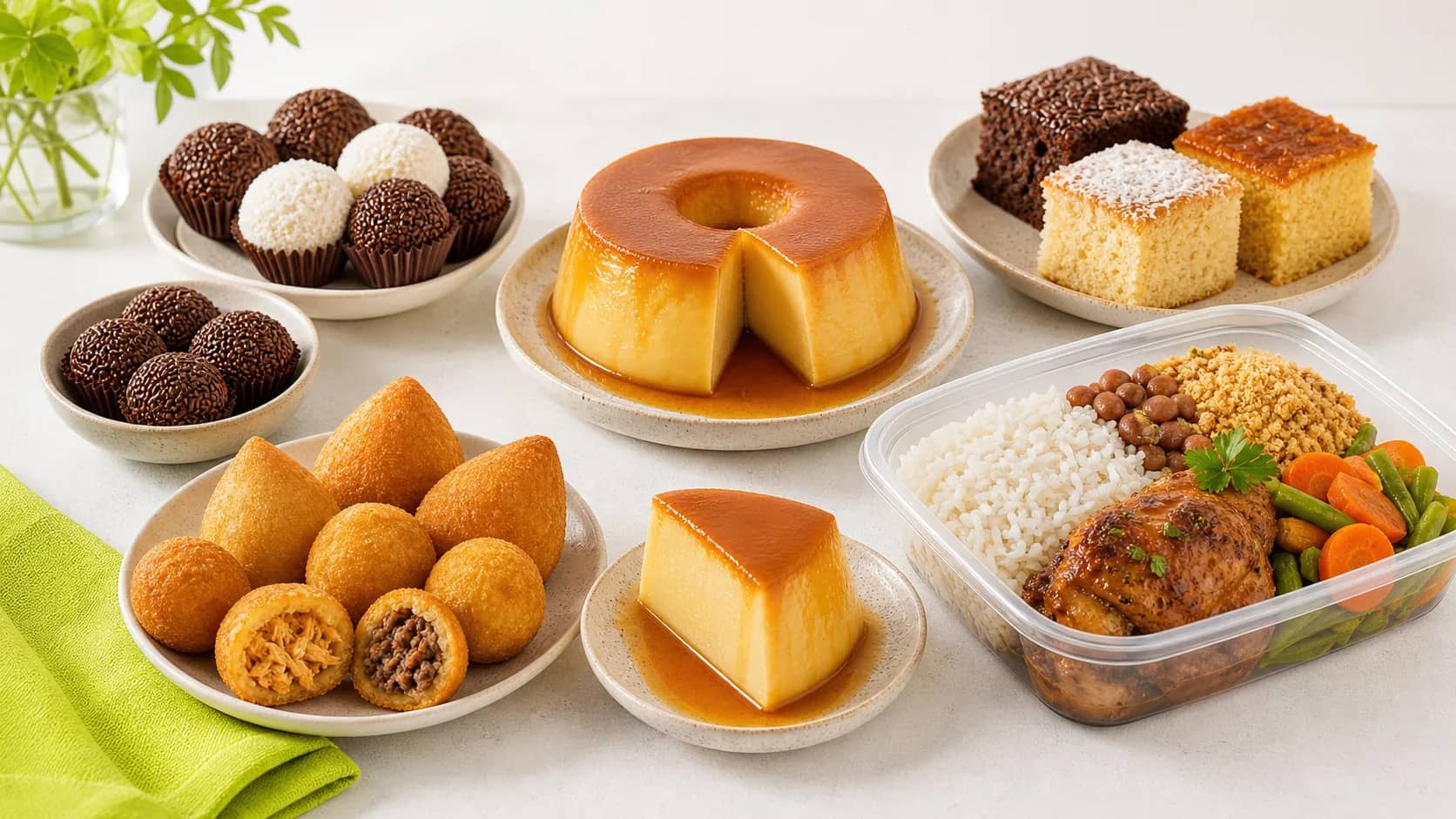 Produtos de pequenos vendedores: pudim, doces, salgados e marmita